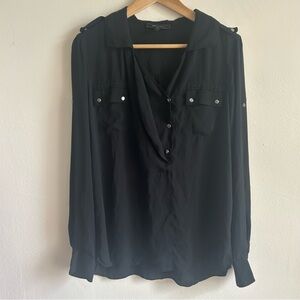 BCBG Black Chiffon Military Style Top Epaulette Blouse - Medium